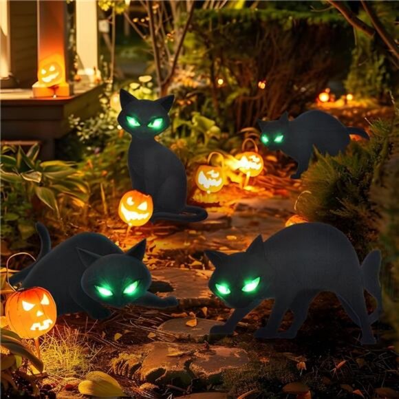 Lighted Black Cat Decor Yard Signs, 4 PCS Halloween Decorations Outdoor Scary - Picture 1 of 7